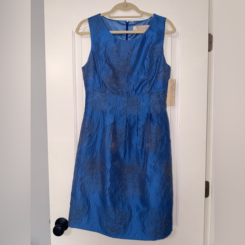 Lela Rose Textured Blue Metallic Midi Dress